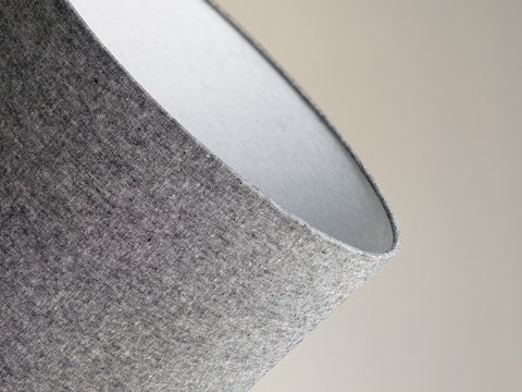 Close-up of a textured gray lamp shade with a wrapped edge