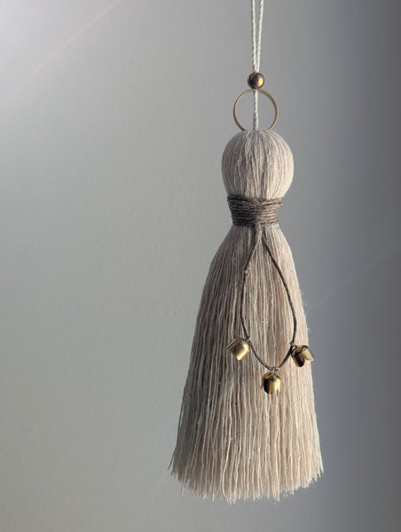 Handmade Cotton Tassel Door Knob Hanger with Brass and Wooden Accents #172