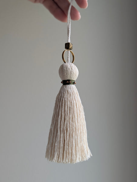 Handmade Small Cotton Tassel: Door Knob Hanger with Brass and Green Accents #186