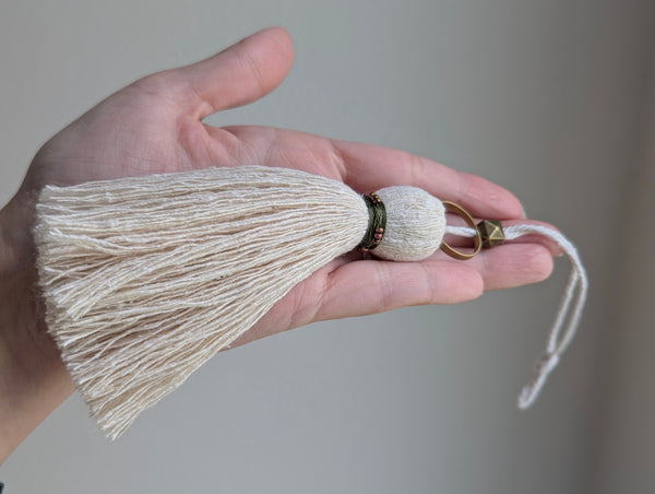 Handmade Small Cotton Tassel: Door Knob Hanger with Brass and Green Accents #186