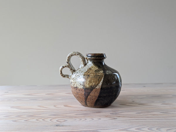 Vintage Heavy Ceramic Jug in Brown, Green, Red, and Speckled Glaze