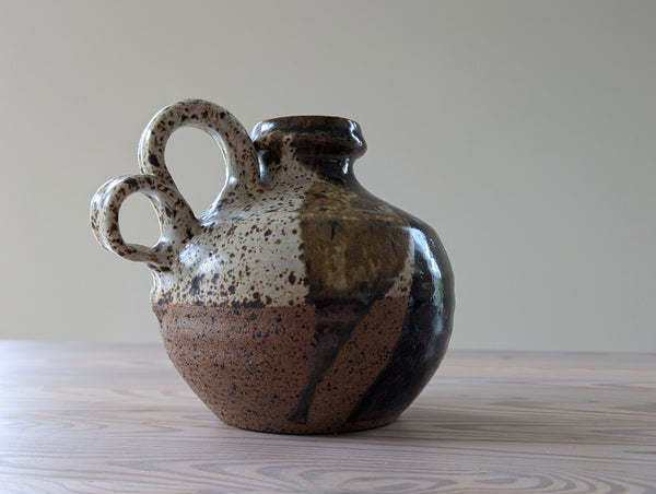 Vintage Heavy Ceramic Jug in Brown, Green, Red, and Speckled Glaze