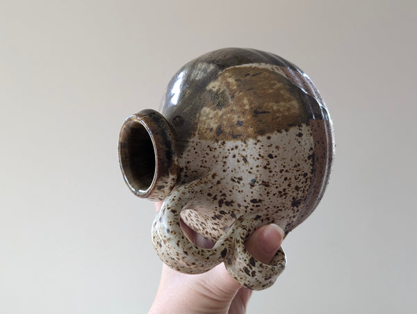 Vintage Heavy Ceramic Jug in Brown, Green, Red, and Speckled Glaze