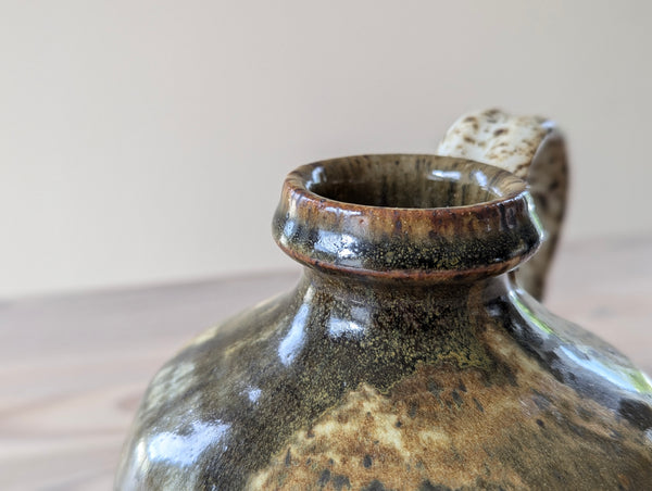 Vintage Heavy Ceramic Jug in Brown, Green, Red, and Speckled Glaze