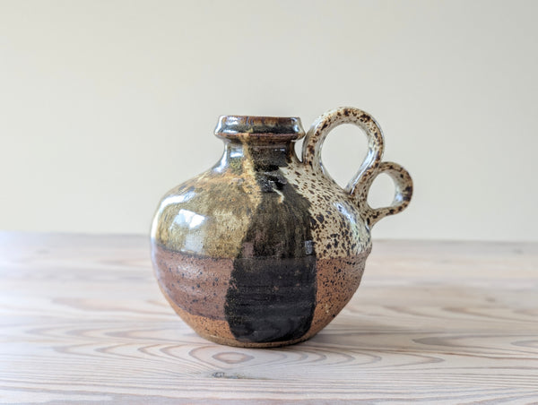 Vintage Heavy Ceramic Jug in Brown, Green, Red, and Speckled Glaze