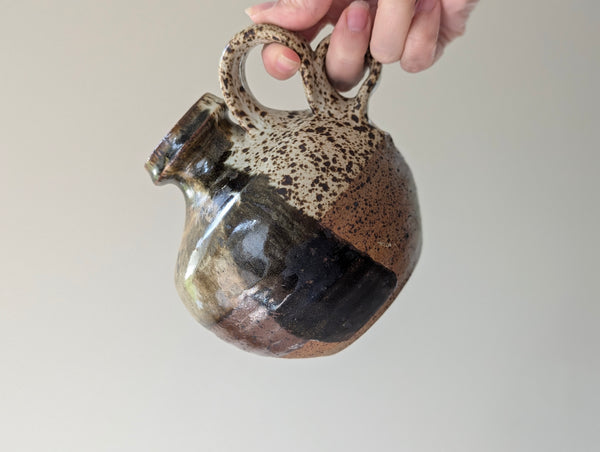 Vintage Heavy Ceramic Jug in Brown, Green, Red, and Speckled Glaze