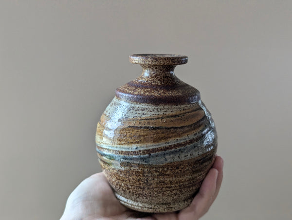 Vintage Earthenware Vase in Brown, Tan, and Blue Speckled Glaze