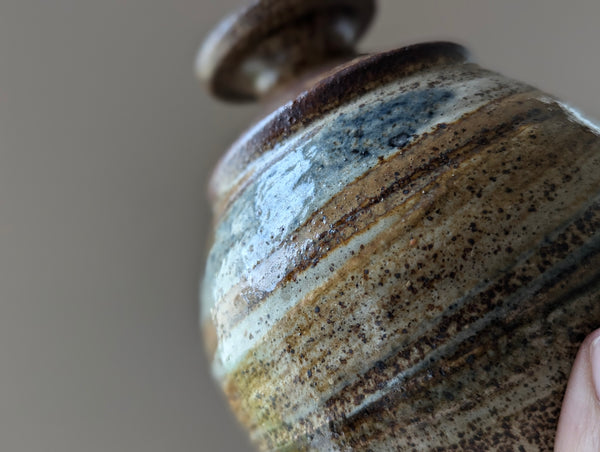 Vintage Earthenware Vase in Brown, Tan, and Blue Speckled Glaze