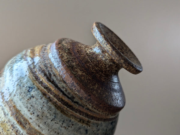 Vintage Earthenware Vase in Brown, Tan, and Blue Speckled Glaze