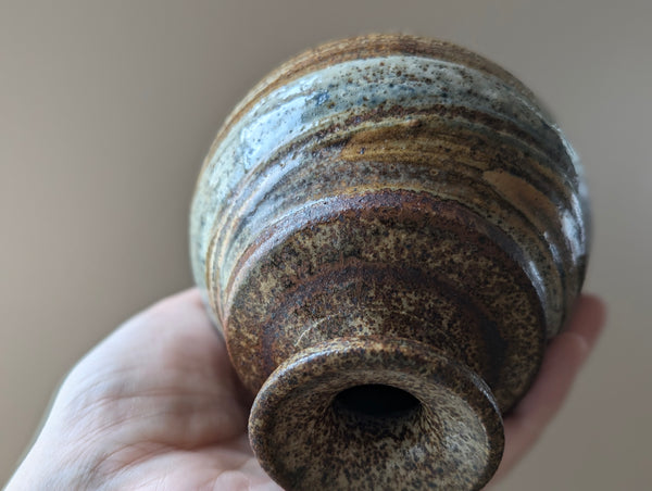 Vintage Earthenware Vase in Brown, Tan, and Blue Speckled Glaze