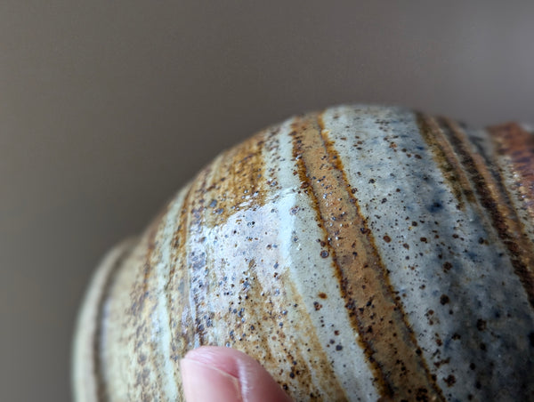 Vintage Earthenware Vase in Brown, Tan, and Blue Speckled Glaze