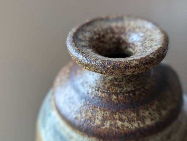 Vintage Earthenware Vase in Brown, Tan, and Blue Speckled Glaze