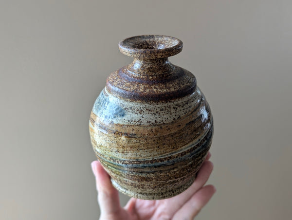 Vintage Earthenware Vase in Brown, Tan, and Blue Speckled Glaze