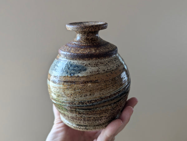 Vintage Earthenware Vase in Brown, Tan, and Blue Speckled Glaze