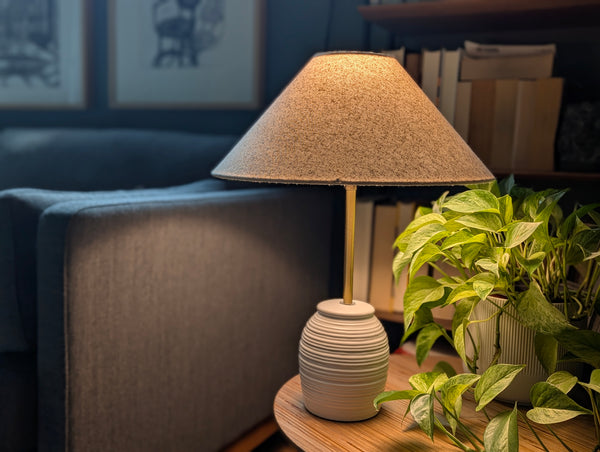 Lamp on a table next to a plant in a cozy living room setting