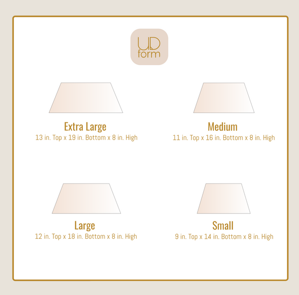 Size chart graphic for UD form trapezoid lamp shades, showing four sizes labeled Extra Large, Medium, Large, and Small with dimensions in inches on a beige and white background.