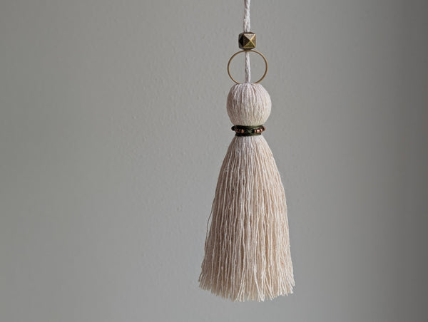 Handmade Small Cotton Tassel: Door Knob Hanger with Brass and Green Accents #186