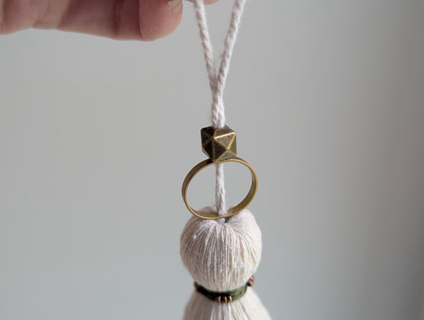 Handmade Small Cotton Tassel: Door Knob Hanger with Brass and Green Accents #186