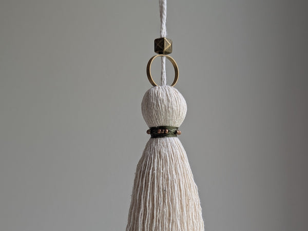 Handmade Small Cotton Tassel: Door Knob Hanger with Brass and Green Accents #186