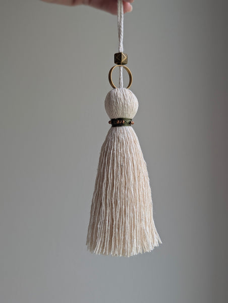 Handmade Small Cotton Tassel: Door Knob Hanger with Brass and Green Accents #186
