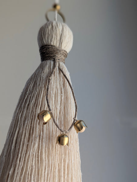 Handmade Cotton Tassel Door Knob Hanger with Brass and Wooden Accents #172