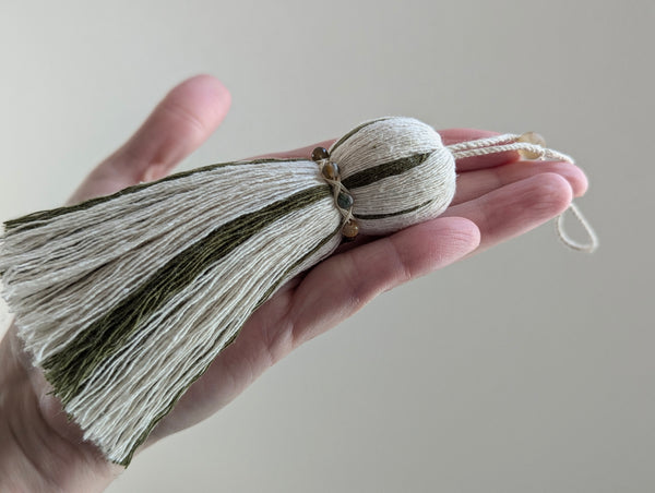 Green and Natural Cotton Tassel with Jasper Stones