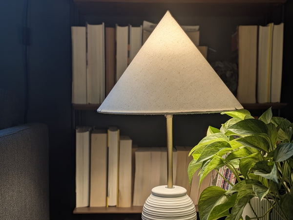 cone shaped lamp shade lit on a white ceramic table lamp in a dark living room with a bookcase in the background and a plant on the side table