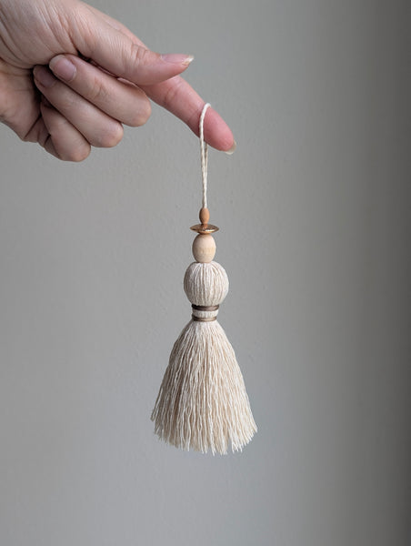 Handmade Small Cotton Tassel with Copper and Wood Accents #194