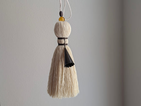 Handmade Large Cotton Tassel with Amber Glass Bead #167
