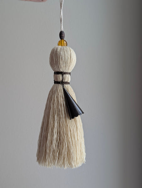 Handmade Large Cotton Tassel with Amber Glass Bead #167