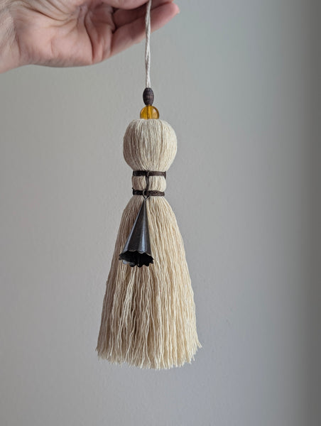 Handmade Large Cotton Tassel with Amber Glass Bead #167