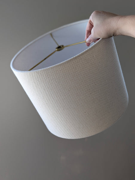 cream lamp shade in drum shape with natural crosshatch fabric 