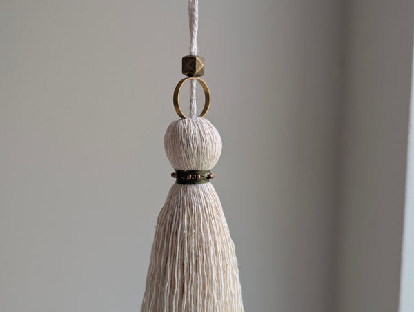 Handmade Small Cotton Tassel: Door Knob Hanger with Brass and Green Accents #186