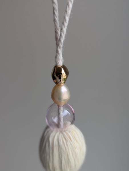 Handmade Small Cotton Tassel with Pink Glass Bead and Freshwater Pearl #193