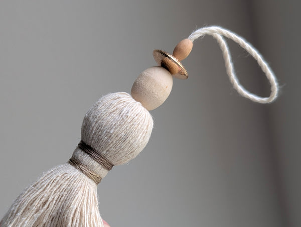 Handmade Small Cotton Tassel with Copper and Wood Accents #194