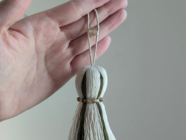 Green and Natural Cotton Tassel with Jasper Stones