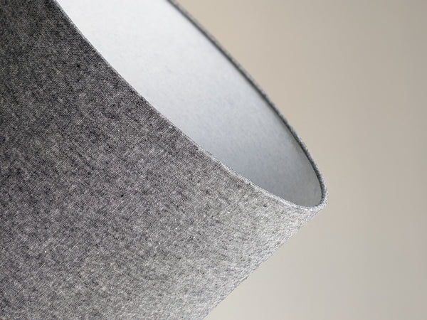 Close-up of a textured gray lamp shade with a wrapped edge