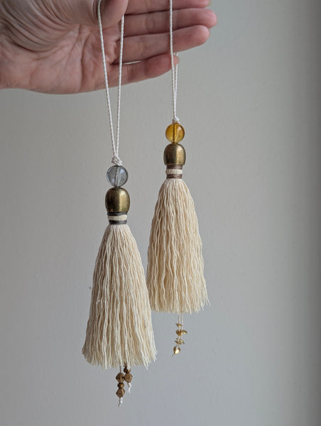 Handmade Small Cotton Tassel with Amber Glass Bead and #166 Gold