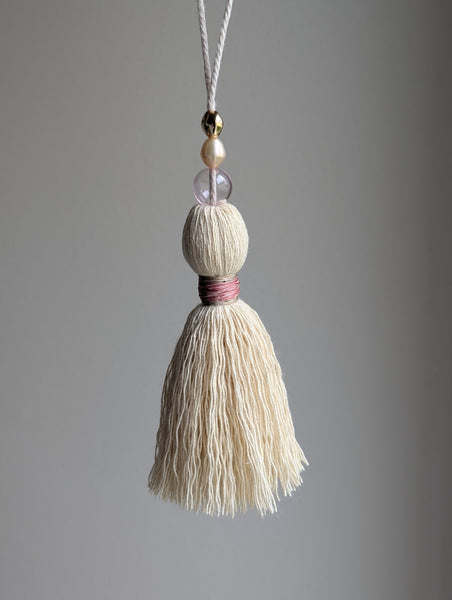 Handmade Small Cotton Tassel with Pink Glass Bead and Freshwater Pearl #193