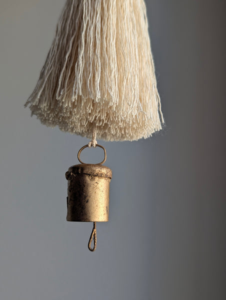 oversized modern boho tassel in cotton with wooden beads and a brass bell