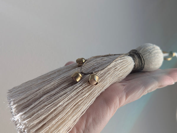 Handmade Cotton Tassel Door Knob Hanger with Brass and Wooden Accents #172
