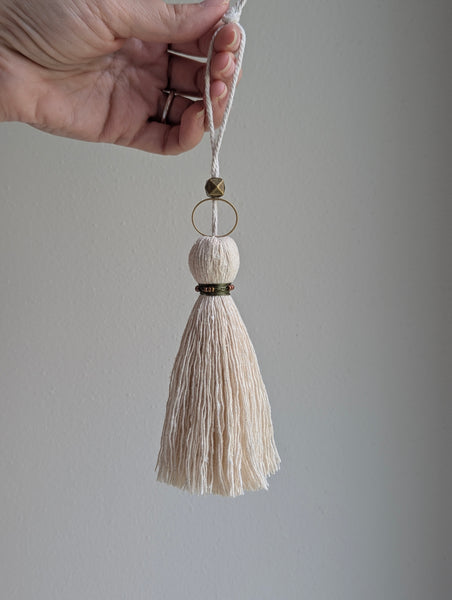 Handmade Small Cotton Tassel: Door Knob Hanger with Brass and Green Accents #186