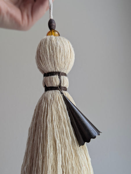 Handmade Large Cotton Tassel with Amber Glass Bead #167