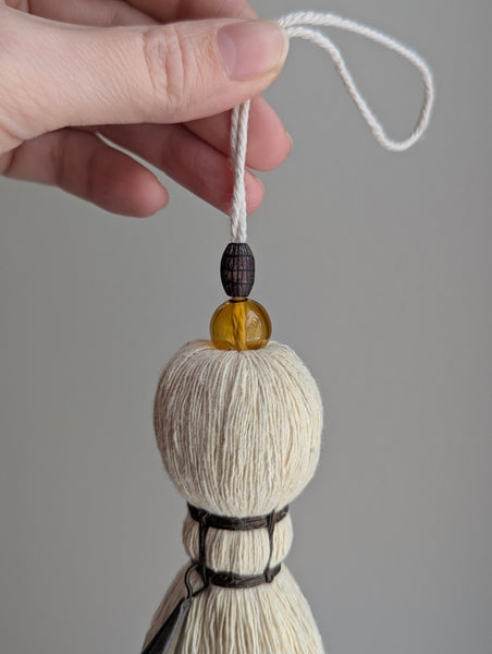 Handmade Large Cotton Tassel with Amber Glass Bead #167