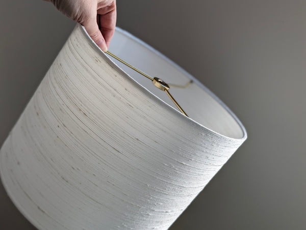 drum lampshade in white silk with brass hardware