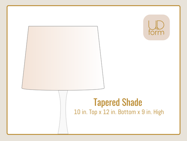 A product information graphic for a tapered lampshade. The shade is shown as a light warm beige/cream silhouette with text reading 'Tapered Shade' and dimensions '10 in.