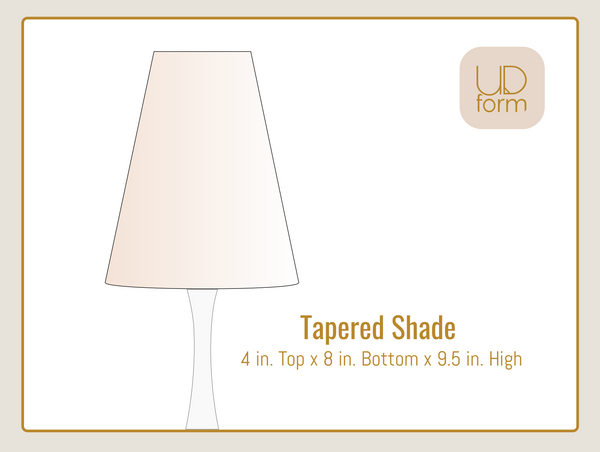 A product graphic showing a tapered lampshade outline with dimensions text reading 'Tapered Shade' and size measurements, plus a 'UD form' logo in the top right on a light beige background.
