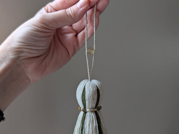 Green and Natural Cotton Tassel with Jasper Stones