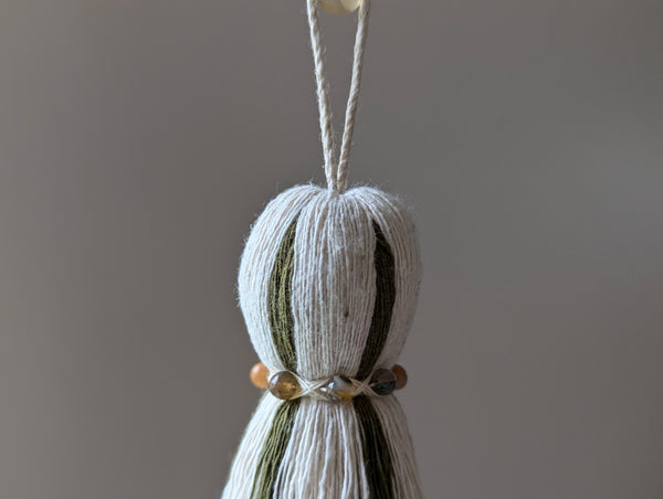 Green and Natural Cotton Tassel with Jasper Stones