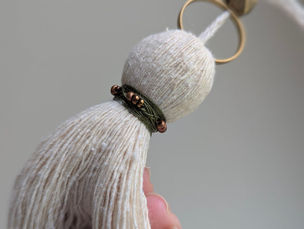 Handmade Small Cotton Tassel: Door Knob Hanger with Brass and Green Accents #186